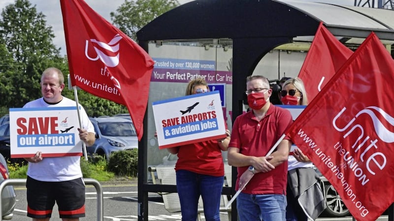 Unite the Union protest at Belfast International Airport today in solidarity with aviation industry workers whose jobs are at risk over Covid restrictions on air travel 