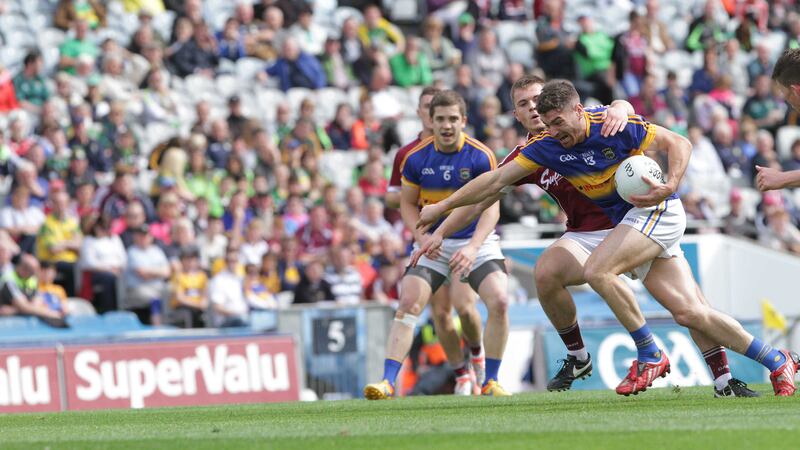 Tipperary's Philip Austin powers past Galway's Liam Silke in last Sunday's All-Ireland SFC quarter-final at Croke Park &nbsp;