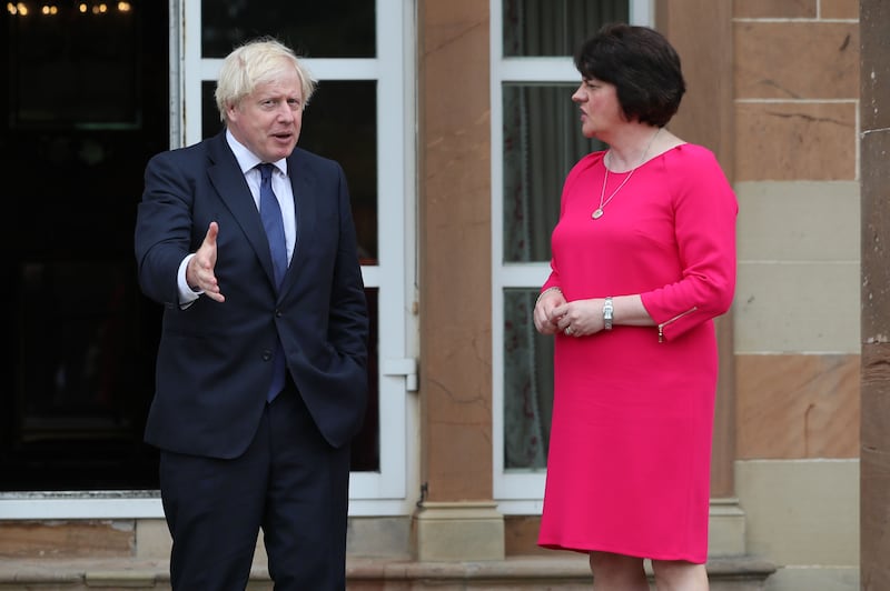Prime Minister Boris Johnson and First Minister Arlene Foster at Hillsborough Castle during the Prime Minister's visit to Belfast.&nbsp;