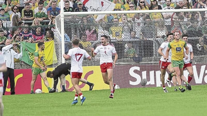 Tyrone&#39;s Harry Loughran celebrates scoring a goal against Donegal at Ballybofey. Picture Seamus Loughran 