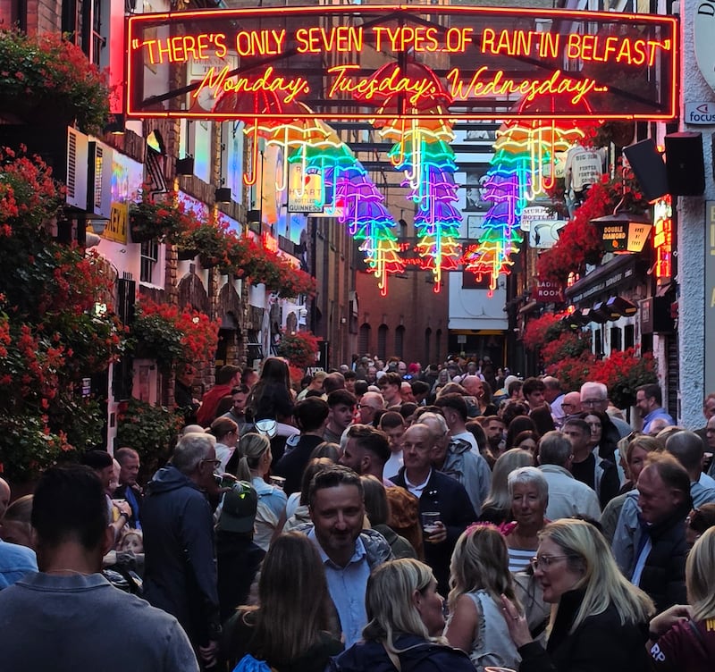 Hundreds of people in Belfast's Commercial Court enjoying the closing hours of the Fleadh on Sunday.