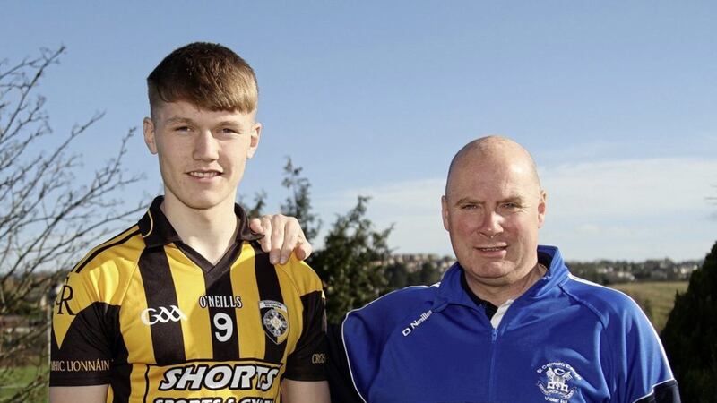 St Colman&#39;s, Newry captain Rian O&#39;Neill with manager Cathal Murray. Pic Tony Bagnall 