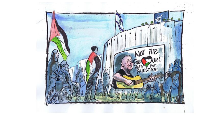 Ian Knox cartoon 20/5/19: Israel scores another propaganda victory by hosting the Eurovision song contest event for the third time. Mainstream television stations make the weakest of protests by insisting that Jerusalem would be too controversial, but then roll over supinely and show it. Alternative protest versions, as from Dublin featuring Christy Moore, are shown around the world<br />&nbsp;