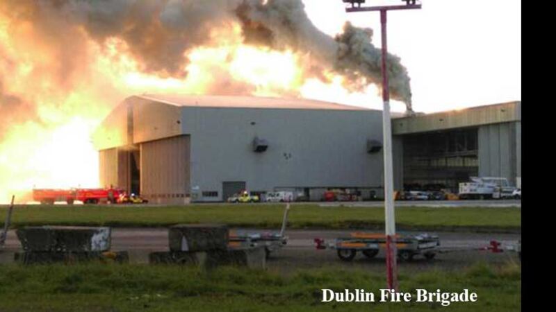 Airport fire crews were tasked to the hangar after the fire was reported at around 7am. Picture by Dublin Fire Brigade <a href="https://twitter.com/DubFireBrigade" title="https://twitter.com/DubFireBrigade">@DubFireBrigade </a>