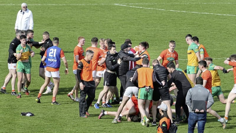 Donegal and Armagh at the final whistle of their clash in Letterkenny Picture: Margaret McLaughlin 