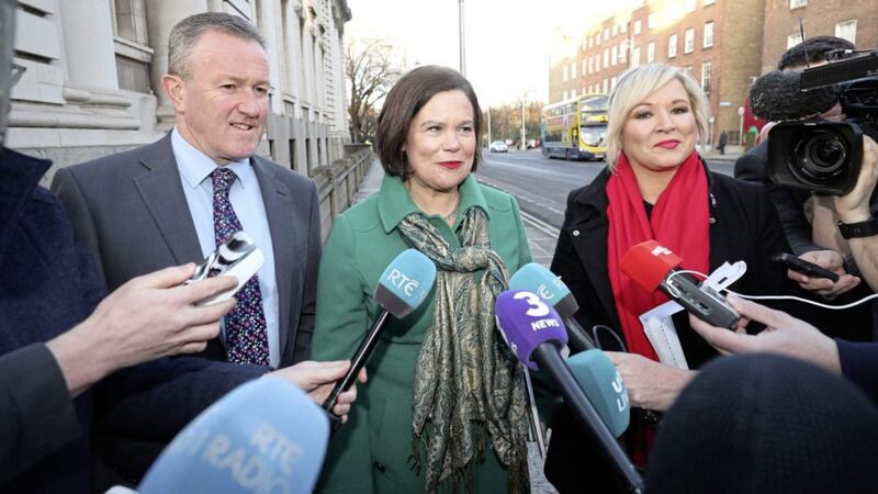 Sinn F&eacute;in&#39;s Conor Murphy, Mary Lou McDonald and Michelle O&#39;Neill arriving at Government Buildings in Dublin. Picture by Niall Carson, Press Association 