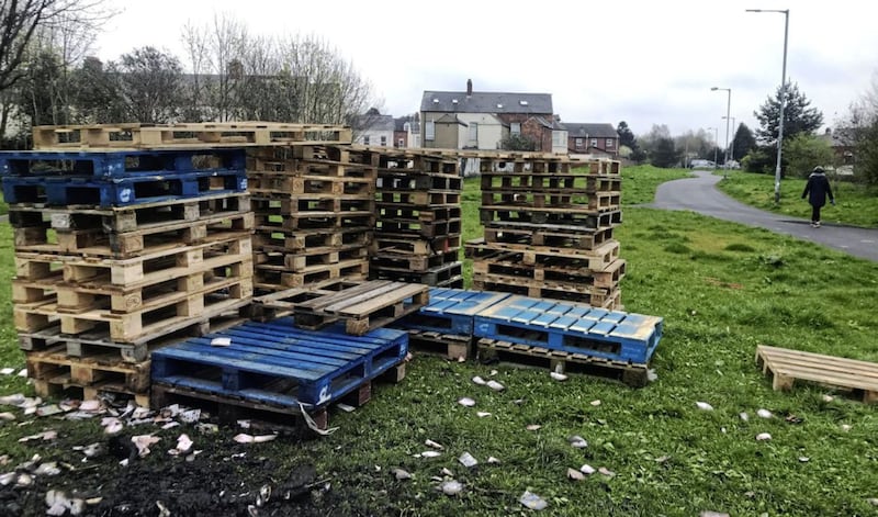 Stacks of pallets at Bloomfield Walkway in east Belfast on Monday