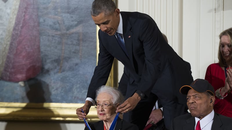 Katherine Johnson calculated rocket trajectories and earth orbits by hand during Nasa’s early years and was portrayed in the film Hidden Figures.