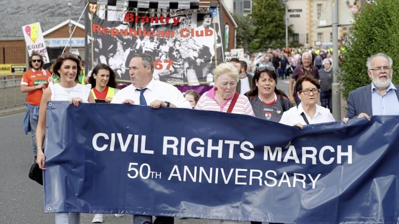 The march on Saturday saw hundreds of people follow the route of the original civil rights' march from Coalisland to Dungannon on August 24 1968. Picture by Declan Roughan, Press Eye