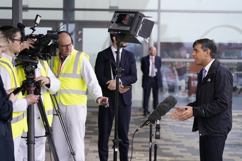 Prime Minister Rishi Sunak doing media interviews at BAE Systems Submarines
