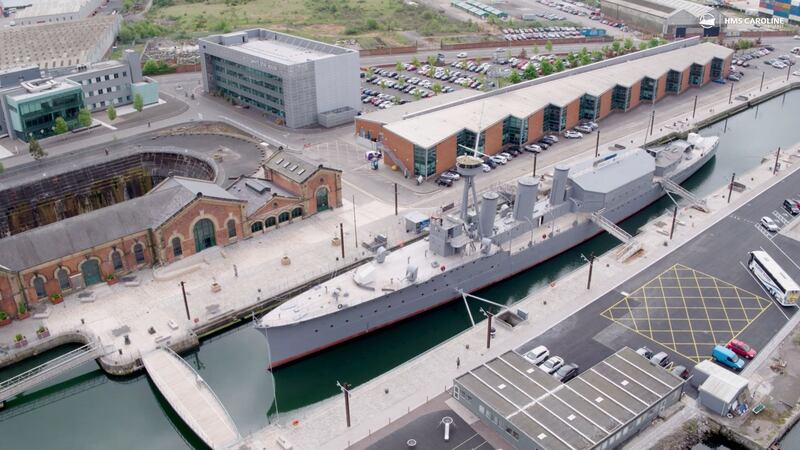 &nbsp;The Thompson dry dock (left) and pump house, next to HMS Caroline. Picture by Hugh Russell.