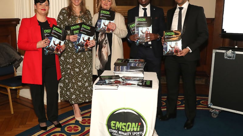 Lo'anna Stoica of Belfast Intercultural Romanian Community, Belfast Lord Mayor Kate Nicholl, Barbara Reid Mageean, Outreach Volunteer with Rosario FC, along with Adekanmi Abayomi and Mohamed Chandali of EMSONI at Belfast City Hall.<br />Picture: Declan Roughan Photography