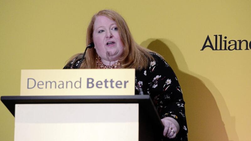 Naomi Long pictured speaking at the Alliance spring conference in Belfast over the weekend. Picture by Arthur Allison/ Pacemaker 