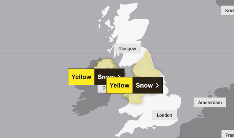 A yellow weather warning for snow across Northern Ireland and parts of England is in place for Thursday.
