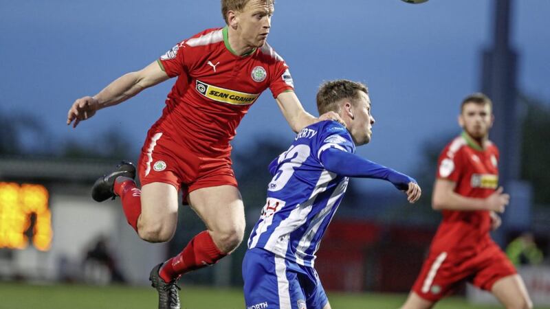 Pacemaker - Belfast -  -07/05/2019.        Cliftonville v Coleraine Europa League playoffs semifinals At Solitude Belfast Cliftonville Rory Donnelly and  Coleriane Josh Carson in tonights game at Solitude Desmond  Loughery/Pacemaker Press 