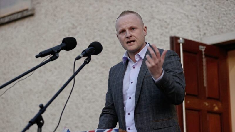 Loyalist activist Jamie Bryson speaking at a a rally in opposition to the Northern Ireland Protocol, organised by West Tyrone United Unionists, in Castlederg, Co Tyrone, on Thursday. Picture by Liam McBurney, Press Association 