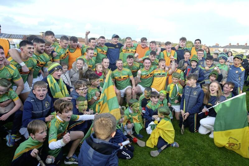 Dunloy celebrate after beating O'Donovan Rossa in the Antrim Senior Hurling Championship final at Corrigan Park in 2021. Picture by Mal McCann. 