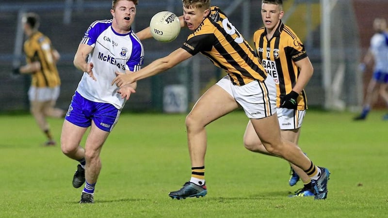 Armagh Harps Rory McGrath and Crossmaglen Rangers Oisin O&#39;Neill in action during the 2018 Armagh Senior Football Championship. Picture by Philip Walsh. 