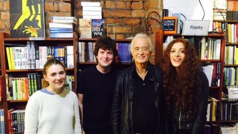 The Led Zeppelin guitarist was it town with his poet girlfriend Scarlett Sabet and visited No Alibis book store 