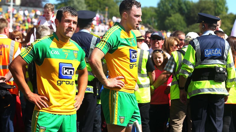 Donegal's Frank McGlynn and Martin McElhinney after last Sunday's Ulster final defeat to Tyrone at Clones Picture by Seamus Loughran