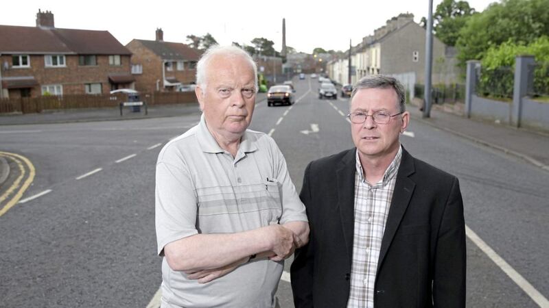 Residents spokesmen Joe Duffy and Breand&aacute;n MacCionnaith on the Garvaghy Road in Portadown 