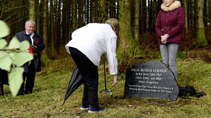 A memorial was unveiled to murdered German backpacker Inga Maria Hauser near the spot where her body was discovered in Ballypatrick Forest, Co Antrim, in 1988. Picture by Arthur Allison, Pacemaker 