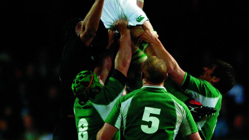 Ireland's Mick O'Driscoll takes a clean lineout ball against New Zealand's All Blacks in the second international rugby match at Eden Park in Auckland New Zealand Saturday June 17 2006. The All Blacks won 27-17.&nbsp;