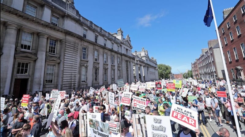 Protesters during a demonstration outside the Government Buildings in Dublin on June 15 2021 to demand a 100% redress scheme for homes and properties affected by bricks contaminated with mica. Picture by&nbsp;Niall Carson/PA Wire
