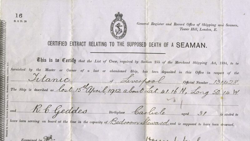 Original certified extract, relating to the death of seaman Richard Geddes. Picture by Henry Aldridge and Son Ltd/PA 