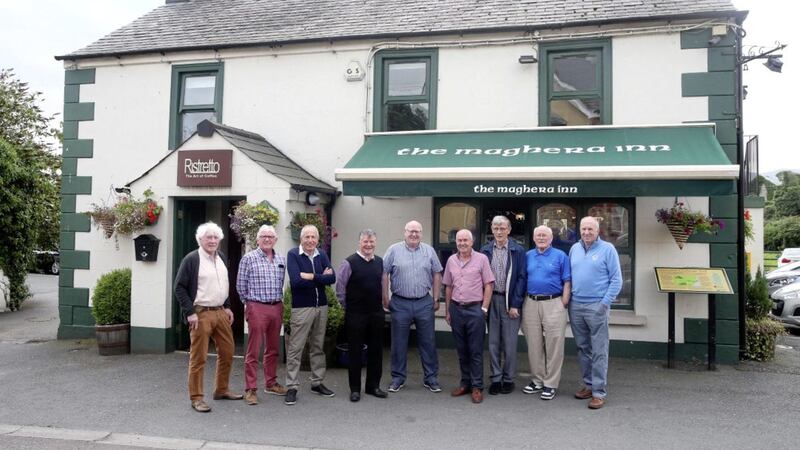Members of the 1968 All-Ireland winning Down team meet up for lunch at the Maghera Inn, near Castlewellan, every month. Pictured are, from left, Dickie Murphy, John Murphy, Colm McAlarney, John Harte, Peter Rooney, Mickey Cole, Dan McCartan, Sean O'Neill and James Milligan. Picture by Mal McCann