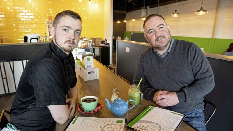 Pictured in the new Stack&#39;s Healthy Kitchen restaurant are head chef, Pearse Lavery and founder, James Deery 