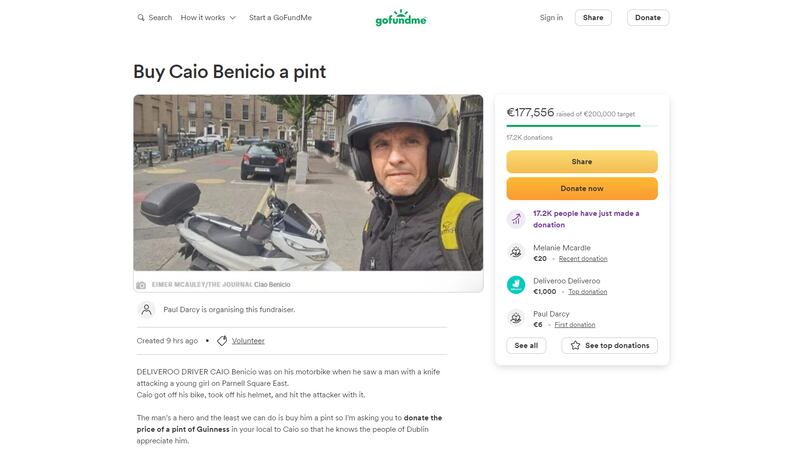 A GoFundMe page set up for Caio Benicio, the delivery driver who stopped the attacker in Parnell Street, Dublin, yesterday