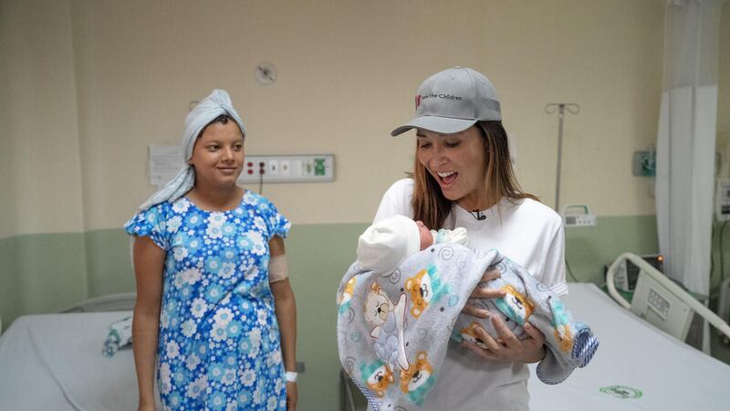 Save the Children Ambassador Myleene Klass meets with Claudia who has just given birth at a clinic supported by the charity in La Guajira, Colombia