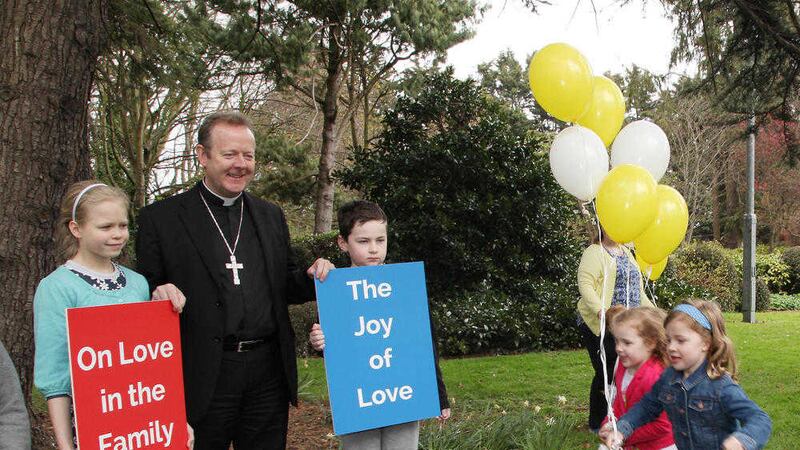 Archbishop Eamon Martin with Helena, Cathal, Meave and Tess at the launch of Amoris Laetitia. 