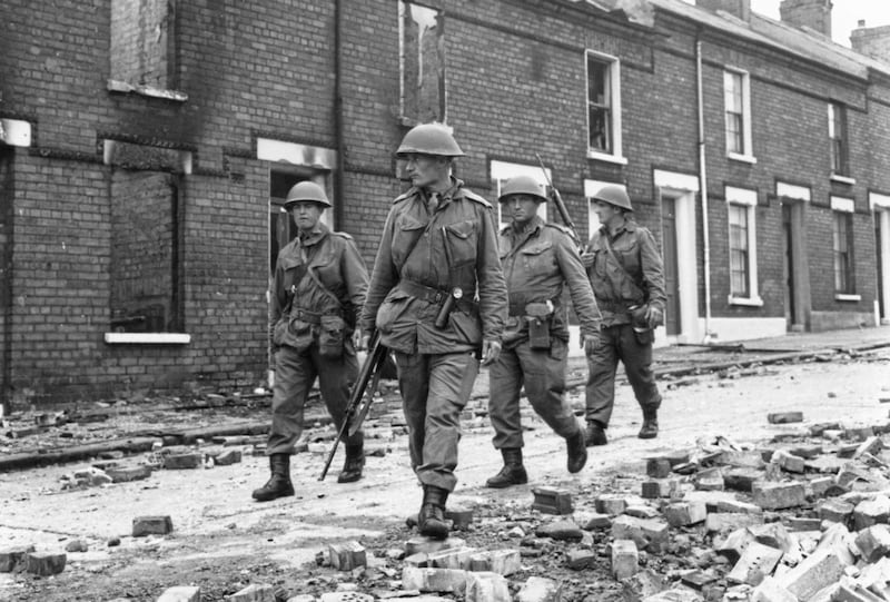 British soldiers in Bombay Street, west Belfast, in August 1969. Picture by Gerry Collins 