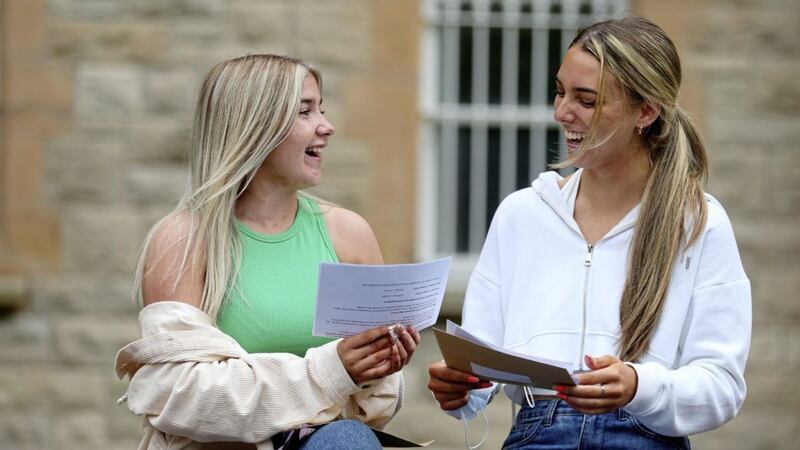 St Dominic&#39;s pupils Aoife McCallin and Hannah Gribbon receiving their A Level results. Picture by Mal McCann 