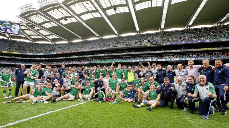 Limerick celebrate their third All-Ireland title in four years following Sunday's win over Cork at Croke Park Picture: Philip Walsh.