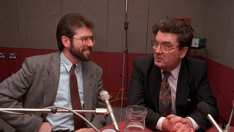 Sinn F&eacute;in leader Gerry Adams pictured with the then SDLP leader John Hume in 1992&nbsp;