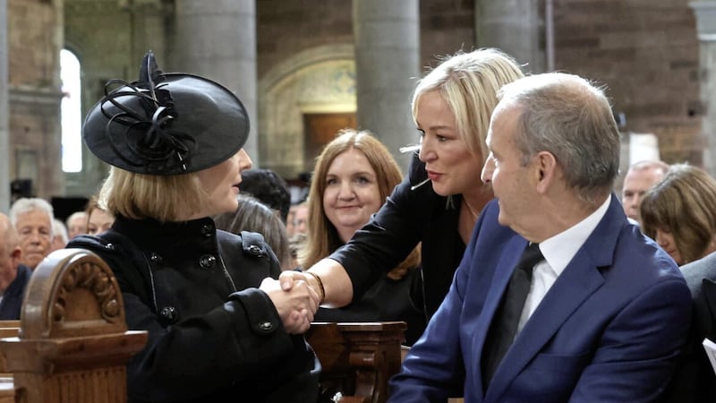 There has been a noticeable thaw in republican rhetoric towards Downing Street and the Northern Ireland Office, with an emphasis on shared interest in a protocol deal and the restoration of Stormont. Pictured are Prime Minister Liz Truss (left) shaking hands with Sinn F&eacute;in vice president Michelle O&#39;Neill with Taoiseach Miche&aacute;l Martin. Photo: Liam McBurney/PA Wire. 