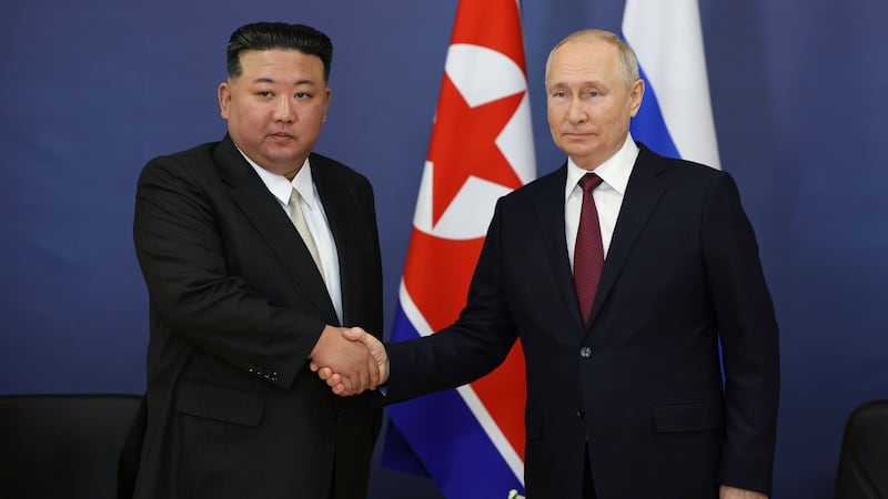 Vladimir Putin and Kim Jong Un during the North Korean leader’s visit to Russia (Vladimir Smirnov/AP)