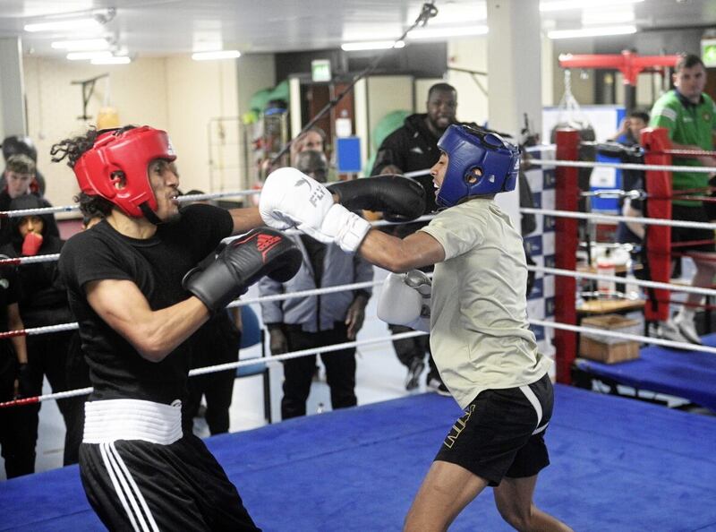 Commonwealth Games-bound Clepson dos Santos (right) spars Abdulaziz Alotibi from the visiting Saudi Arabia team at the Ulster High Performance unit in Jordanstown, Picture by Mark Marlow 