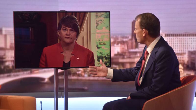 First Minister Arlene Foster speaking with Andrew Marr via video link on his BBC One current affairs programme, The Andrew Marr Show.  Picture by Jeff Overs, BBC/Press Association &nbsp;