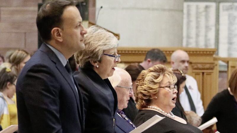 Taoiseach Leo Varadkar , Prime Minister Theresa May, President Michael D Higgins and Lord Lieutenant of Belfast Fionnuala Jay-O&#39;Boyle during the funeral service for murdered journalist Lyra McKee. Picture by Brian Lawless/PA Wire 