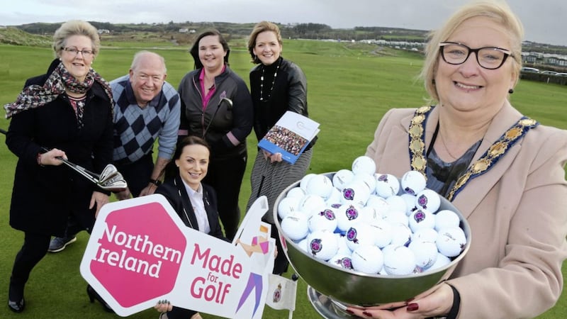 On course for the golf training are, from left: WorldHost trainers Jean Haworth and Steven Chambers, Samantha Munroe from Royal Portrush Golf Club, WorldHost trainer Wendy Gallagher, Leanne Rice from Tourism NI and the Causeway Coast and Glens mayor Brenda Chivers 