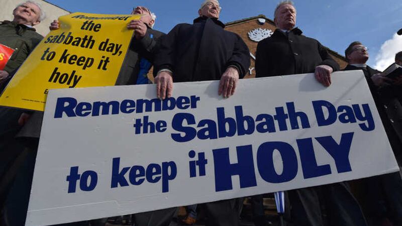A religious protest involving the Evangelical Protestant Society outside Windsor Park in opposition to Northern Ireland's first ever Sunday fixture in March 2015&nbsp;