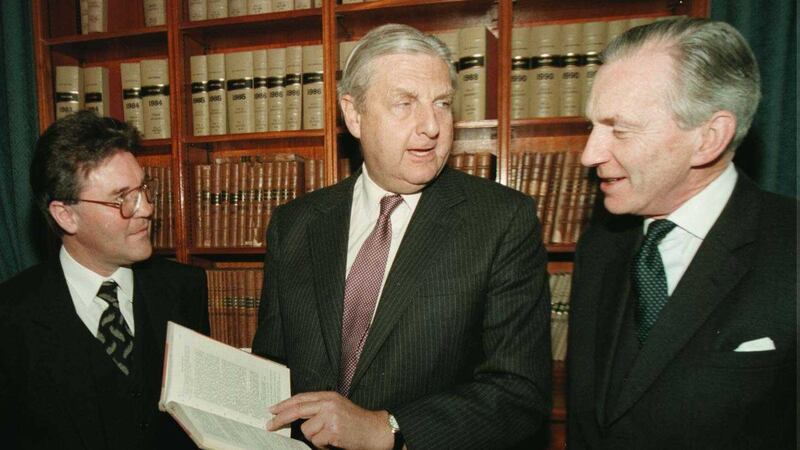 Sir Patrick Mayhew, centre, launches the new Bar Library Directory at Belfast High Court with Sir Brian Hutton, Lord Chief Justice, right, and Eugene Grant, chairman General Council of the Bar in May 1996. Picture by&nbsp;Brian Little, Press Association