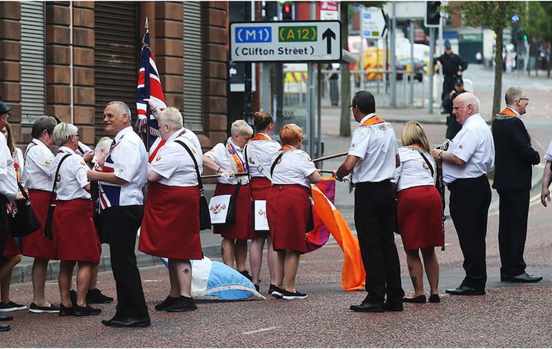 Orange Order members preparing to march on Donegall Street in Belfast. Picture by Hugh Russell