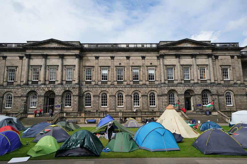 Students at an encampment at the Old College at the University of Edinburgh in a protest against the war in Gaza