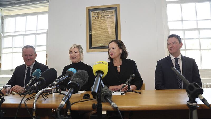 Sinn Féin leader Mary Lou McDonald speaking in Belfast today alongside colleague Conor Murphy, Michelle O'Neill and John Finucane. Picture by Hugh Russell