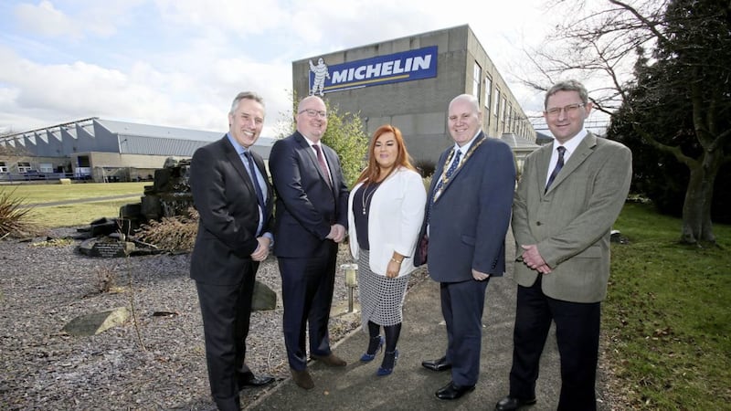 Announcing the acquisition of the Michelin site in Ballymena are (from left) the area&#39;s MP Ian Paisley, Darren Costello from Silverwood Property Developments, the council&#39;s chief executive Anne Donaghy and mayor Paul Reid, and Michelin&#39;s plant manager John Milsted 